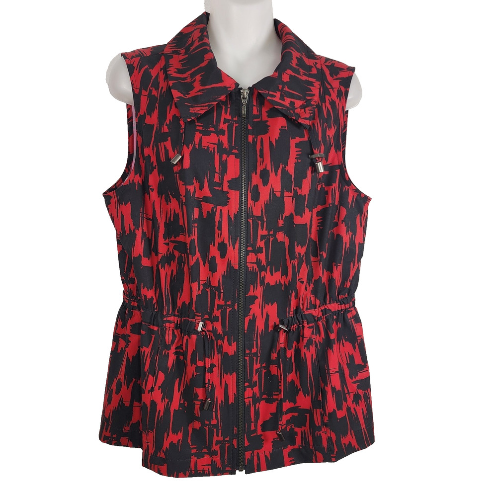 Chico's Weekends Women Vest Red Abstract Full Zip Drawstring Waist Pocket Medium